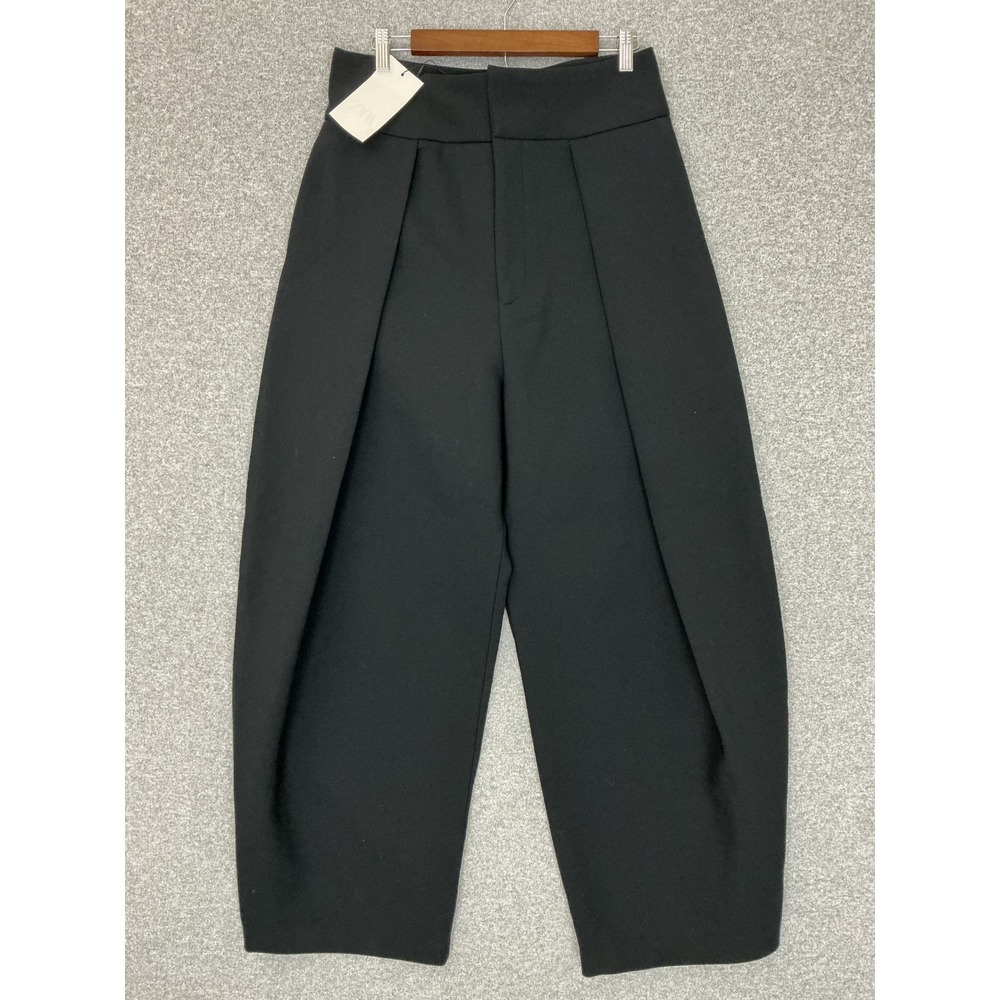 Zara Pleated Barrel Leg Dress Pants Womens L Black High Rise Modern Chic